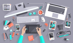Flat design vector illustration of modern creative office workspace workplace of a designer. The office of a creative worker. Flat minimalistic style and color with long shadows for Web & Mobile App