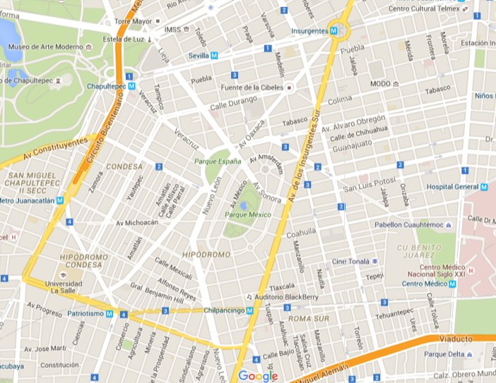 Mapa de la zona Roma-Condesa. Fuente: Google Maps