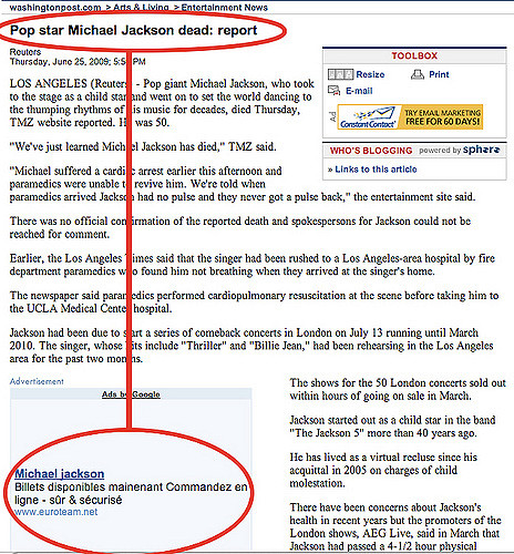 Boofalo Blues, usuario de Flickr, publicó en 2009 esta imagen en la que señalaba un artículo que promovía la venta de un concierto de Michael Jackson, cuando el artículo reportaba que había muerto. Imagen: Flickr.