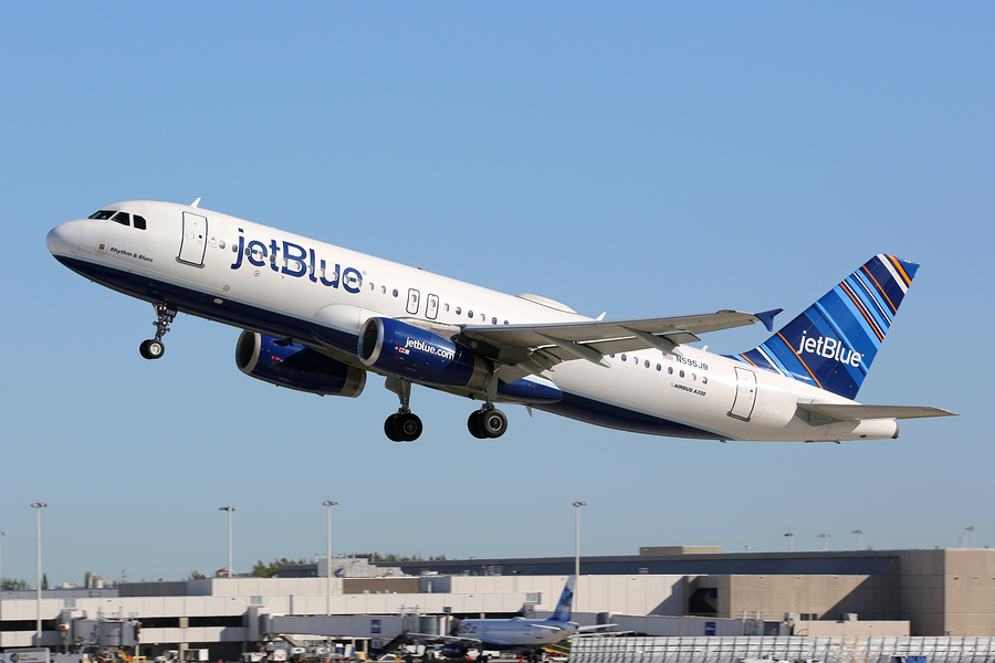 FORT LAUDERDALE FL - FEBRUARY 17: A Jetblue Airbus A320 taking off on February 17 2016 in Fort Lauderdale FL. Jetblue is an American low-cost airline and the fifth biggest airline in the US with its headquarters in New York.