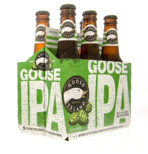 Winneconne WI -27 Oct 2015: Six pack of Goose Island IPA beer.