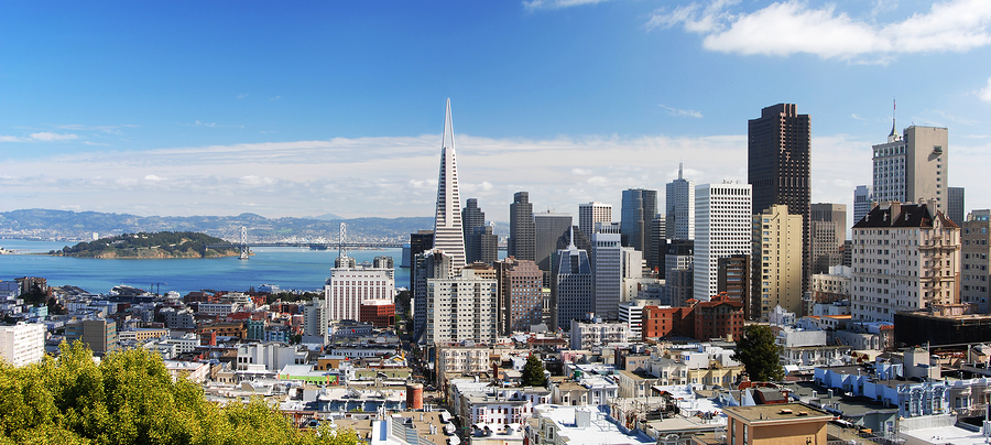 A photo of San Francisco skyline looking eastward from the Russian Hill area. This is a seamlessly stiched panoramic shot with a lot of sharp detail. Most of the famous landmarks are in this shot: Bay Bridge Transamerica building BofA Building Coit Tower